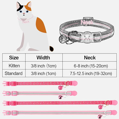 Taglory Reflective Cat Collar Breakaway with Bells, 2 Pack Girl Boy Pet Cat Collar Adjustable 7.5-12.5 Inch, Pink