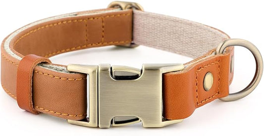 Plutus Pet Genuine Leather & Hemp Dog Collar – Adjustable Heavy Duty Pet Collar with Quick Release Metal Buckle, Soft & Stylish for Puppy and Small, Medium, Large Dogs (Light Brown, S)