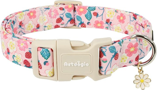 Dog Collar for Medium Dogs, Spring Pink Dog Collars with Strawberries & Flowers, Adjustable Medium Dog Collars, Cute Girl or Boy Dog Collar Ideal for Puppy Gifts,Pet Accessory