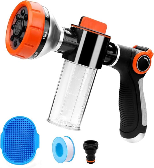 Dog Wash Hose Attachment, High Pressure Garden Water Hose Nozzle 8 Way Foam Sprayer with Soap Dispenser Bottle for Watering Plants, Car Washing, Pet Showering Bathing Tool