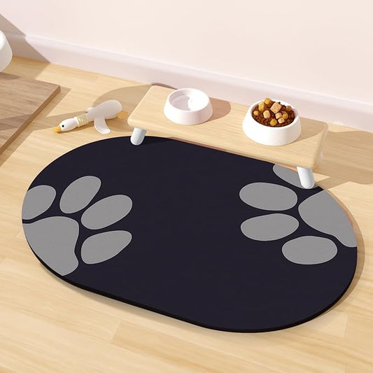 Pet Feeding Mat – 20''x12'' Absorbent Dog Food Mat, Pet Water Mats Protect Floor, No Stains Quick Dry Bowl Mats, Non-Slip Rubber Base Pets Placemats for Food and Water, Black Paw