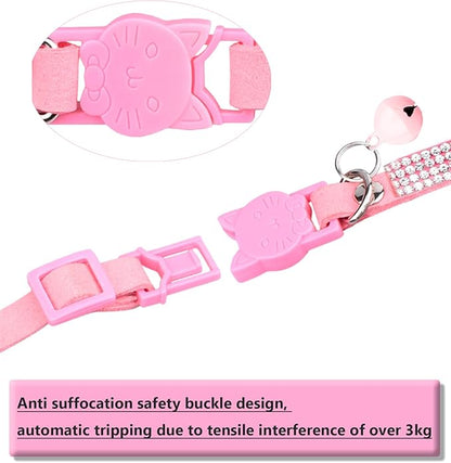 Cat Collars for Girl Cats with Rhinestone Soft Velvet,Breakaway Cat Collars with Bell,Adjustable Safe Kitten Collar (Multicolour Pink)