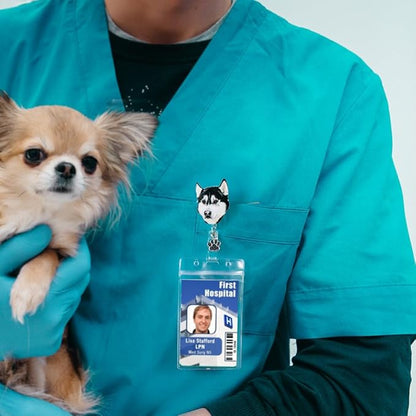 callie Personalized Pet Portrait Badge Reel - Custom Dog Cat Photo, Cute Badge Holder Retractable with Alligator Clip & Paw Charm, Gifts for Dog Lover Nurse RN CNA Doctor（2 Pets）