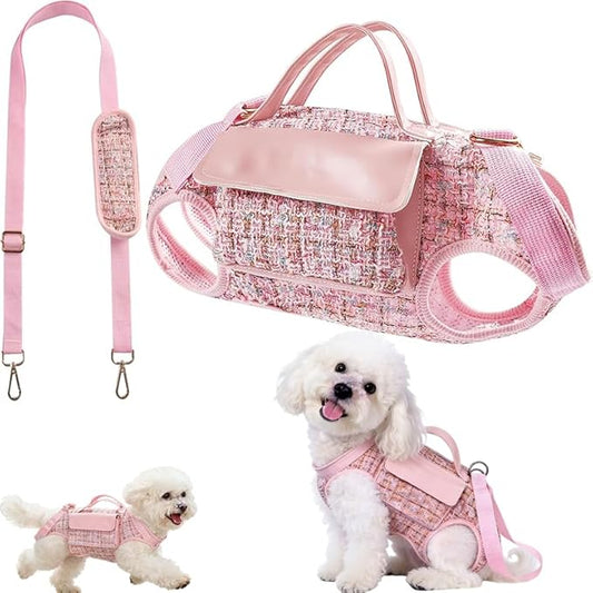 Dog Lift Harness Backpack for Small Dogs Cats, Adjustable Straps Dog Sling Carrier Full Body for Hiking, Travel, Outdoor – Pink Large