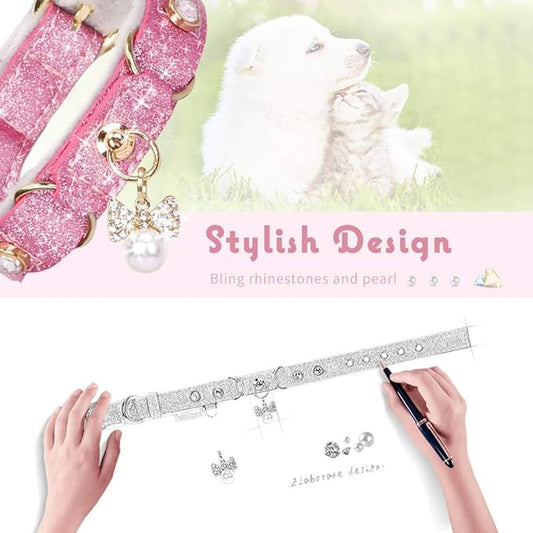 PetsHome Cat Collar, Dog Collar, [Bling Rhinestones] PU Leather Adjustable Pet Collar with Luxury Pendant for Big Cat and Small to Medium Dog Small Pink