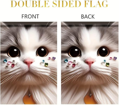 Cute Cat Garden Flag 12x18 Inch Double Sided Outdoor Yard Banner Adorable White Kitten with Gemstone Whiskers Sparkling Eyes Pet Lover Decor for Spring Summer Porch Lawn