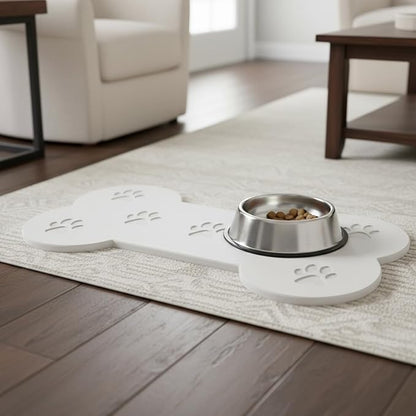Diatomaceous Earth Dog Food Mat, Large 19.6"x9.8" Bone Shape with Paw Print Design, Super Absorbent Fast Drying Non-Slip Pet Bowl Mat for Food and Water, Waterproof Floor Mat for Small Medium Dogs