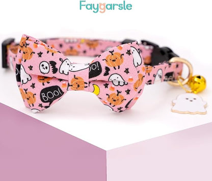 Faygarsle 2 Pack Breakaway Cat Collar Collection - Ghosts Pattern Cat Collar with Bell - Seasonal Holiday Bowtie - Fall - Pink, Purple