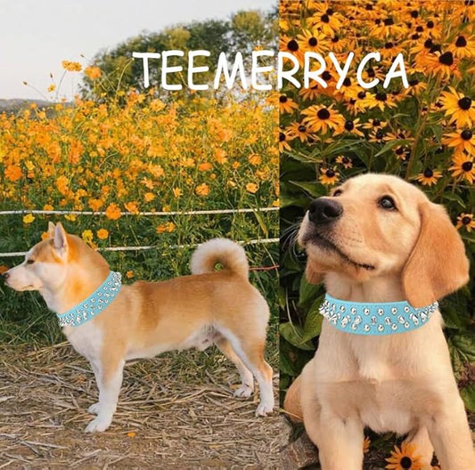 TEEMERRYCA Adjustable PU Leather Spiked Studded Dog Collars with a Squeak Ball Gift for Small Medium Large Pets Like Cats/Pit Bull/Bulldog/Pugs/Husky, Blue, XL 17.7"-20.5"
