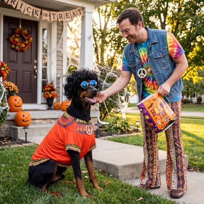 Kinlop 4 Pcs Hippie Dog Costume Halloween Pet Costume Accessories Includes 60s 70s African Dashiki T-Shirt Afro Wig Peace Sign Necklace and Sunglasses for Party Dress Up(XXL) - Image 5