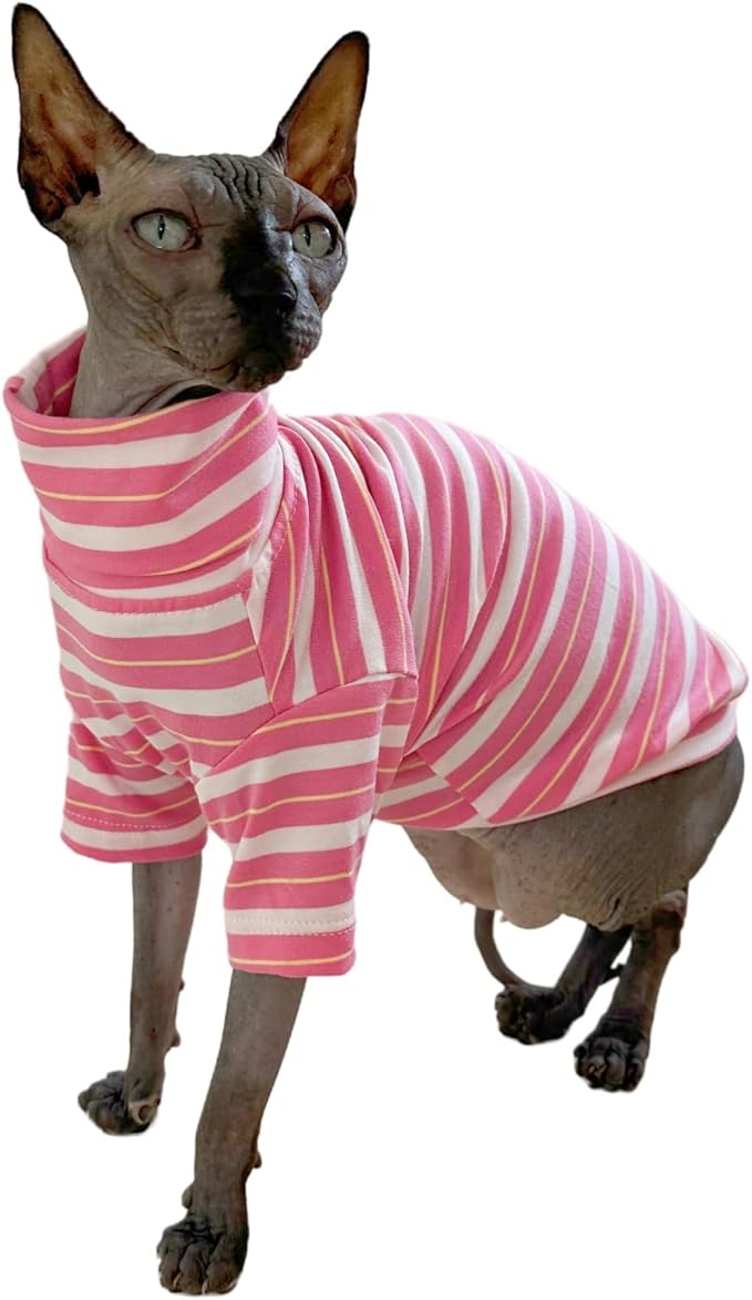 Vintage Stripes Sphynx Hairless Cats Shirt Cotton Cat Turtleneck Pet Clothes Kitten T-Shirts with Sleeves for Sphynx Cats (Sakura, Large)