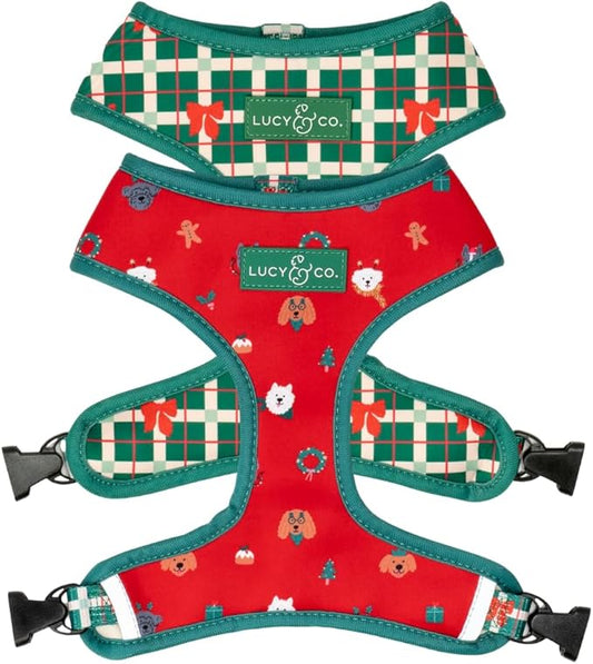 Lucy & Co. Cute Reversible Dog Harness Walking Halter - Best Designer Pet Harnesses for XS - XL Dogs - Padded Adjustable Vest for Easy Walking- Happy Howlidays - Seasonal - Large