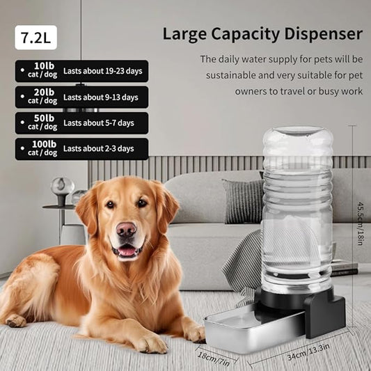 Marchul 1.9 Gallon Dog Water Dispenser, Automatic Dog Water Dispenser with Placemat and Stainless Steel Bowl, Large Gravity Pet Bowl for Dogs Medium to Large (7.2L + 3 Filters + Mat)