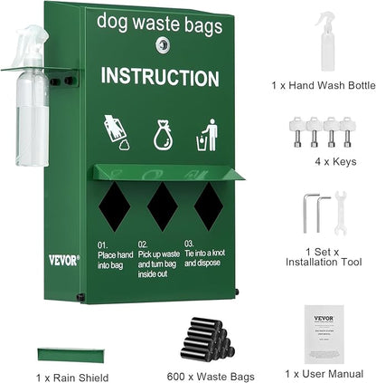 VEVOR Dog Poop Bag Dispenser with Hand Wash Bottle, Lockable Outdoor Dog Waste Bag Holder with 600 Waste Bags, Stake, Pole, Fence & Wall Mounted Dog Poop Bag Storage, Pet Waste Station for Porch, Lawn