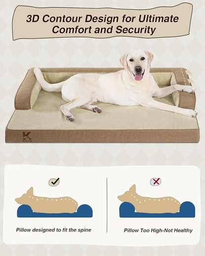 KSIIA Washable Dog Bed XXL Senior Dog, Orthopedic Warm Soft Pet Sofa Waterproof Pet Couch with Sides, Non-Slip and Egg-Crate Foam Jumbo Beds with Removable Cover, 47x32Inch, Brown