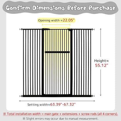 Lumizone Extra Tall Pet Gate 55.12" High Pressure Mounted 63.39"-67.90" Extra Wide (9 Sizes) 1.37" Gap for Cat Dog Stairs Doorway Hallway No Drilling Auto-Close (63.39"-67.90" W, Black)