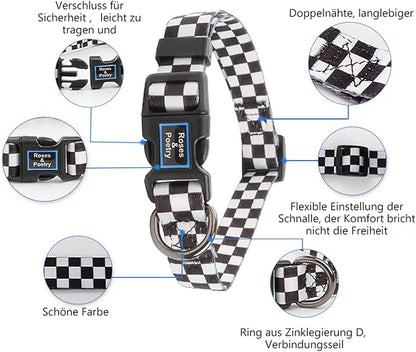 Roses&Poetry Dog Collar with Colourful Checkered Patterns, Adjustable Durable Puppy Collars for Small Medium Large Dogs (Black & White-XS)