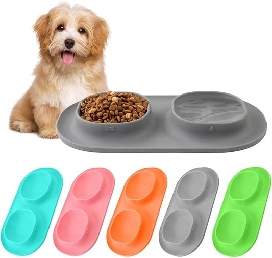 Small Size Puppy Dog Bowls: Food and Water Bowls Set for Small Dogs, No-Spill Non-Skid Dog Dish, Grey