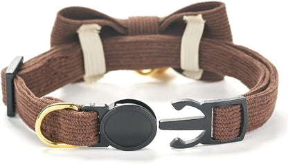 Soft Corduroy Cat Collar with Bell and Bowtie, Safety Breakaway Clasp, Adjustable for Kitten and Cats Brown Color.