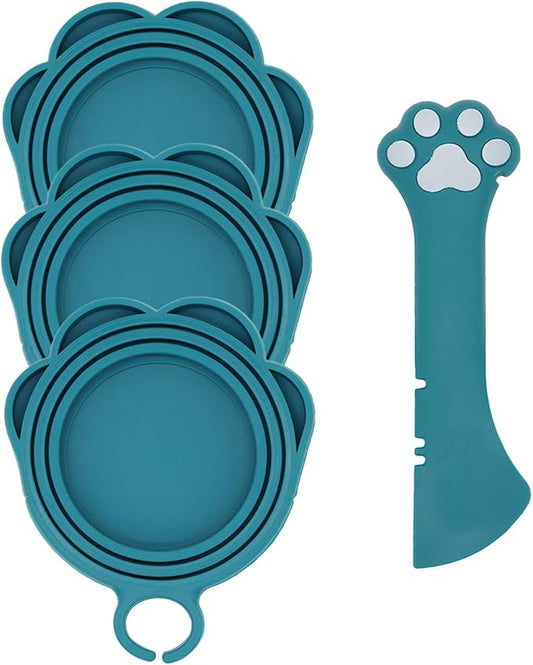 Cat Food Can Spoon & 3 Pcs Can Lids | Cute Paw Shape Covers & Opener for Wet Food | Universal BPA Free Silicone for Cats and Dogs Food(Dark Blue)