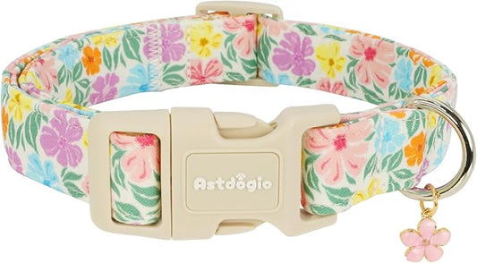 Cotton Dog Collar with Colorful Flowers for Spring Summer, Adjustable Puppy Dog Collars for Small Medium Large Dogs, Cute Girl Boy Dog Collar Ideal for Gifts,Pet Accessory,M