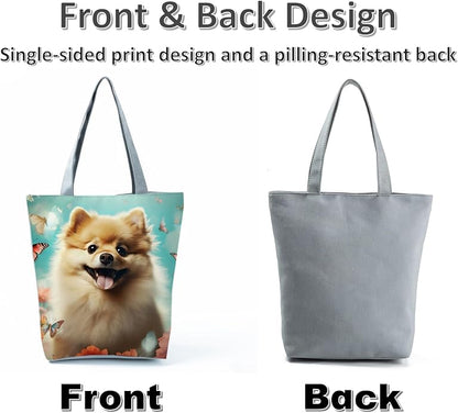 Cute Dog with Butterfly and Floral Design Tote Bag with Zipper Closure Outdoor Great for Carrying Pet Supplies Handbag Nice Birthday Holiday Gift Idea for Dog Owner Animal Lovers Shoulder Bag