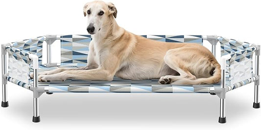 Elevated Dog Bed with Guardrail, Cooling Outdoor Pet Cot with 5-Sided Fence，Raised Dog Cot with 6-Metal Frame