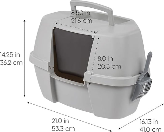 IRIS USA Corner Cat Litter Box Enclosed with Scoop - Privacy and Easy Access for Cleaning, Odor Defensive Hooded Litter Tray, Sturdy Stain Resisting Plastic, Fits in Most Corners, Gray