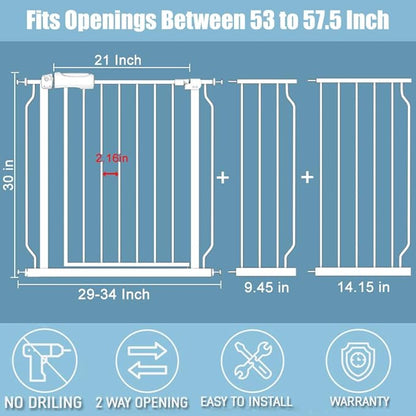 White Extra Wide Baby Gate 53-57.5 inch for Doorways Stairs Pressure Mount Baby Gate Automatic Close Child Dog Pet Safety Toddler Gates with Extensions