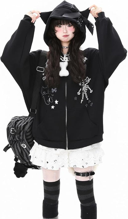 Womens Y2K Zip Up Cute Graphic Hoodies Cat Ears Casual Cartoon Harajuku Kawaii Clothes Oversize Streetwear Jacket