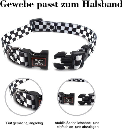 Roses&Poetry Dog Collar with Colourful Checkered Patterns, Adjustable Durable Puppy Collars for Small Medium Large Dogs (Black & White-S)