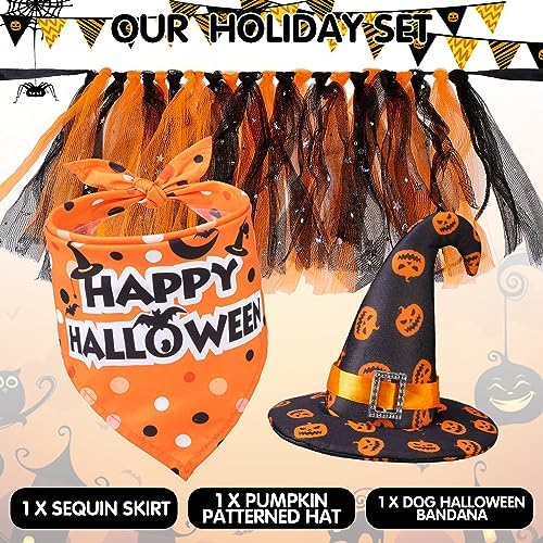 SCENEREAL Small Dog Halloween Costumes, Bandana Hat Dress Set, 3pcs Puppy Party Supplies, Soft Triangle Scarf, Cute Tutu Skirt Outfit for Girl Boy Pet - Image 3