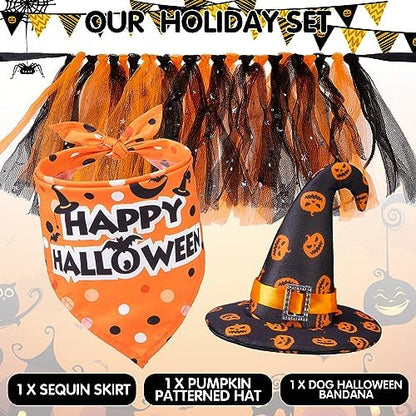 SCENEREAL Small Dog Halloween Costumes, Bandana Hat Dress Set, 3pcs Puppy Party Supplies, Soft Triangle Scarf, Cute Tutu Skirt Outfit for Girl Boy Pet - Image 3