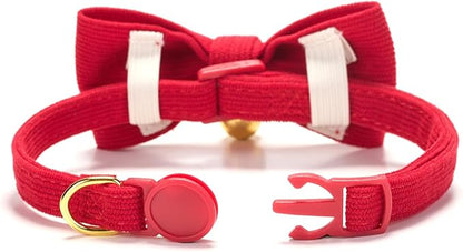 Soft Corduroy Cat Collar with Bell and Bowtie, Safety Breakaway Clasp, Adjustable for Kitten and Cats Red Color.