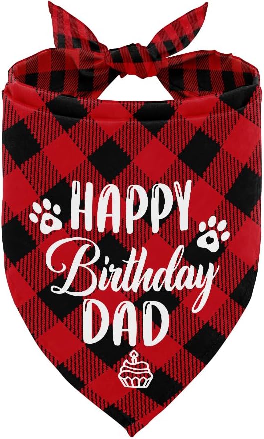 Dog Bandana for Happy Birthday Dad - Classical Plaid Printing Pet Scarf Accessories - Gift for Dad's Birthday Party (K25)