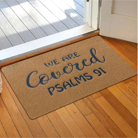 Assaoy We are Covered Psalm 91 Funny Door Mats Outside Coir Doormat for Home Entrance,Front Door mat,Indoor Entrance Embroidered Welcome Rubber Rugs Home Christmas New Year Decor 30”x 18”