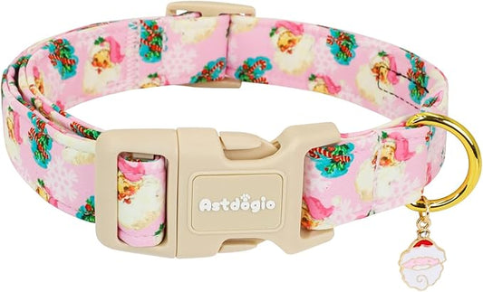 Christmas Dog Collar for Medium Dogs, Adjustable Poly-Cotton Fabric Collar with Santa Pattern, Cute Pink Dog Collar for Dogs, Medium Dog Collars Girls Dog Collars