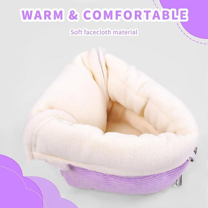Winter Warm Bird Bed for Cage with Soft Plush Hanging Hammock & Hut Tent, Hideaway Sleeping Nest for Budgies, Cockatiels, Small Animals, and Guinea Pig Hideouts (Purple, S)