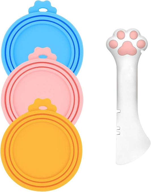 Pet Food Can Spoon & 3 Pcs Can Cover Lids | Cute Paw Shape Opener Spatula Cat Wet Food Spoon | Universa BPA Free Silicone Lids for Dog Cat Cans(Multicolor)