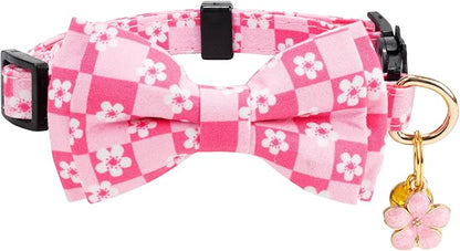2 Pack Cotton Cat Collar with Bow Tie and Bell for Male Female Cats,Soft Fancy Breakaway Kitty Kitten Collar with Ghost& Pumpkin Patterned Design for Boy Girl Cats. (Butterfly&Flower)