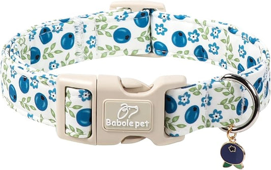 Spring/Summer Dog Collar for Medium Dogs - Fresh Blueberry Girl Boy Dog Collars, Soft Lightweight Puppy Collar, Breathable Adjustable Male Female Fruit Floral Dogs Collars M