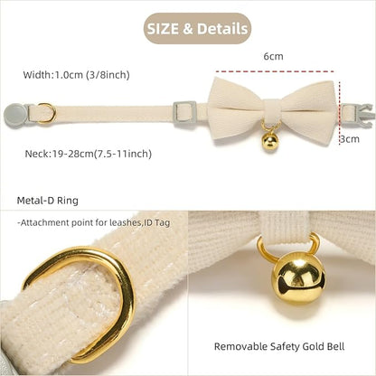 Soft Corduroy Cat Collar, Plaid Pattern, with Bell and Bowtie, Safety Breakaway Clasp, Adjustable for Kitten and Cats White Color.
