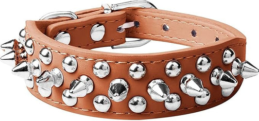 Spiked Dog Collar Soft Pu Leather Mushrooms Rivet Spike Studded Puppy Adjustable Pet Collars for Small Breeds (XS, Brown)