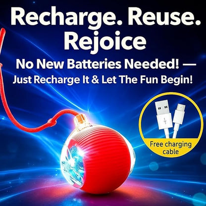 Interactive Electric Automatic Rolling Moving USB Rechargeable Self Activated Play Stimulation Toy Smart Chase Teaser Ball with Speedy Tail Rope for Bored Adult Indoor Cats and Dogs, Red Color