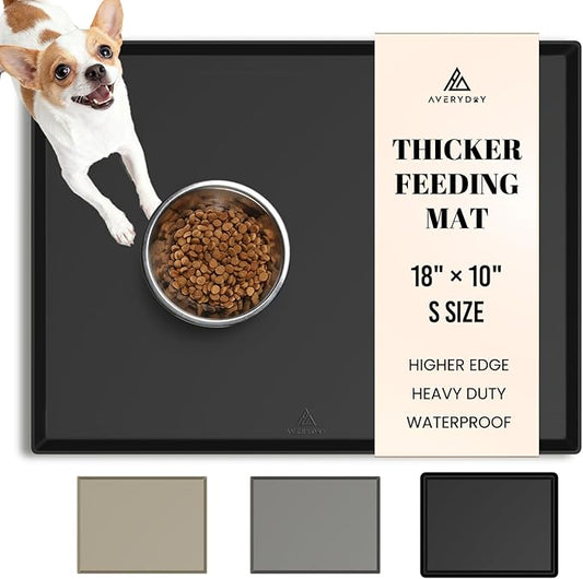 AVERYDAY 100% Waterproof Thicker Silicone Dog Food Mat, 0.63'' Raised Edge Bowl Mat for Food & Water, Non Slip Pet Feeding Placemat for Messy Drinkers, Perfect for Large Medium Small Breeds, 18"x10"