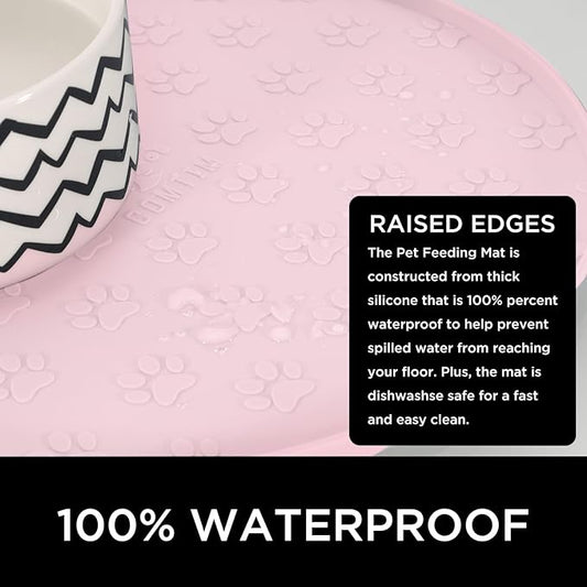 Comtim Waterproof Dog Food Mat - 2 Pack Silicone Pet Food Mat Dog Food Bowl Mats Cat Water Mats Eating Tray, Non-Slip Pet Placemat with Lip for Messy Drinkers to Protect Floor,Pink 11"×11"