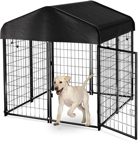 Dog Kennel Outside with Roof, 4'x4'x4.5' Outdoor Dog Kennels for Large Dogs, Heavty Duty Welded Dog Crate Playpen with UV-Resistant Waterproof Cover