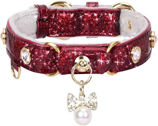 PetsHome Cat Collar, Dog Collar, [Bling Rhinestones] PU Leather Adjustable Pet Collar with Luxury Pendant for Cat and Small Dog Extra Small Wine Red