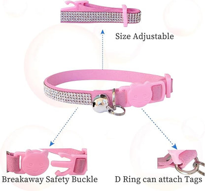 Rhinestone Cat Collar Breakaway with Bell Safety Buckle, Adjustable Diamond Girl Boy Kitty Cute Comfy Collar for Kitten Tiny Little Pets Rabbits, 6"-9" Pink Extra Small