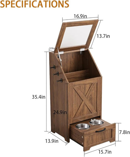 Dog Feeding Station with Storage Cabinet and 2 Elevated Dog Bowls, Hidden Pet Food Storage Organizer for Dog &Cat,Modern Dogs Furniture (Walnut)